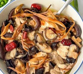 classic chinese scallion chicken recipe in 30 minutes, Homemade Chinese steamed chicken soup loaded with wood ear mushrooms shiitake dried lily buds and served with steamed rice and green onions
