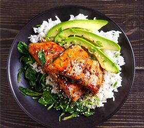 sweet chili salmon recipe easy glazed salmon, Overhead image of Sweet Chili Salmon on a a dark plate