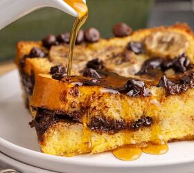 banana french toast casserole, Banana French Toast Casserole close up on a plate pouring syrup on top
