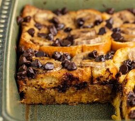 banana french toast casserole, Banana French Toast Casserole in a dish showing a scoop taken