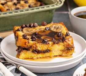 banana french toast casserole, Banana French Toast Casserole on a plate with the dish in the back