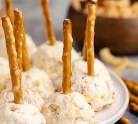 banana french toast casserole, Mini Cheese Balls close up on a plate with pretzels beside