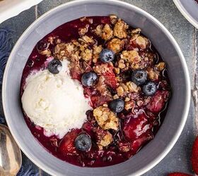 banana french toast casserole, Mixed Berry Crisp with Frozen Berries close up in a bowl with ice cream