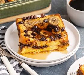 banana french toast casserole, Banana French Toast Casserole on a plate with the dish in the back