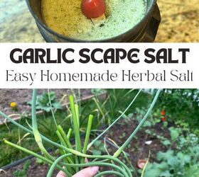easy diy garlic scape salt recipe, garlic scape salt pinterest image with picture of garlic scapes and the finished salt