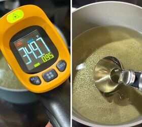sourdough discard ricotta donuts with fresh milled flour, infrared thermometer taking the temperature of hot lard and a scoop being dipped in oil