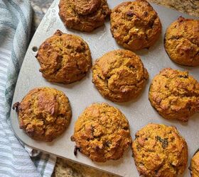 pumpkin raisin pecan muffins with fresh milled flour, baking pumpkin raisin pecan muffins in a muffin tine next to a green striped towel