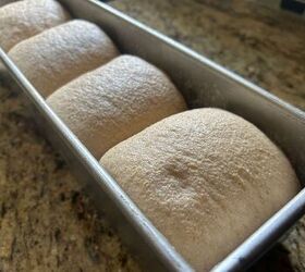 super soft milk bread recipe with fresh milled flour, risen milk bread dough in a pullman pan with a dent from testing proofing