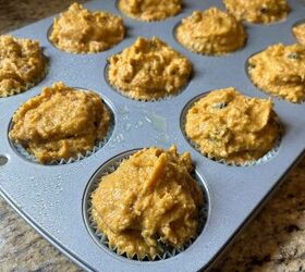 pumpkin raisin pecan muffins with fresh milled flour, Muffin batter in a muffin tin before baking