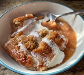 sourdough apple pie cobbler with fresh milled flour, a serving of sourdough apple pie cobbler in a bowl topped with cream
