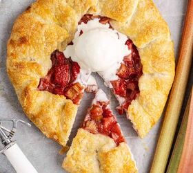 strawberry rhubarb galette, Strawberry Rhubarb Galette baked with a slice taken and ice cream on top