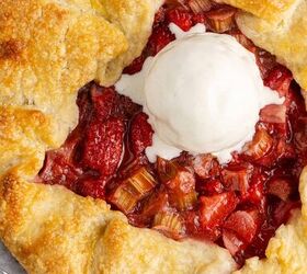 strawberry rhubarb galette, Strawberry Rhubarb Galette baked with ice cream on top close up