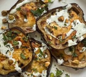 shrimp scampi without wine, Mediterranean Eggplant on a white plate with a fork