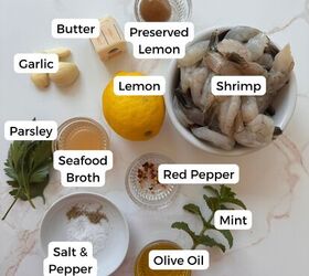 shrimp scampi without wine, Ingredients include shrimp preserved lemon butter garlic lemon parsley seafood broth red pepper mint olive oil salt and pepper