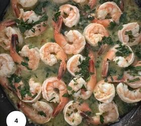 shrimp scampi without wine, Finishing the dish with butter parsley and mint before putting it on orzo