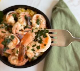 shrimp scampi without wine, Showing a forkful of shrimp scampi
