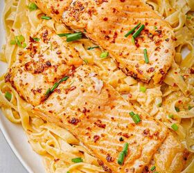 oven baked blackened salmon recipe, Two baked blackened salmon fillets on a bed of pasta