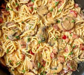 oven baked blackened salmon recipe, A skillet of creamy Cajun spaghetti sauce with sausage peppers and mushrooms