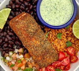 oven baked blackened salmon recipe, Blackened Salmon Bowl with Creamy Jalape o Salsa in a bowl with rice beans and fresh veggies