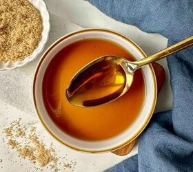 brown sugar simple syrup, Brown sugar simple syrup in a bowl with a spoon