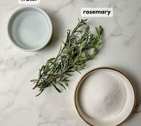 rosemary simple syrup recipe with 3 ingredients, Bowls with white sugar water and fresh rosemary