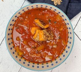 tomato farro soup with grilled mimolette croutons