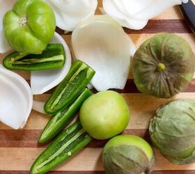 avocado tomatillo salsa, ingredients for the salsa on the cutting board