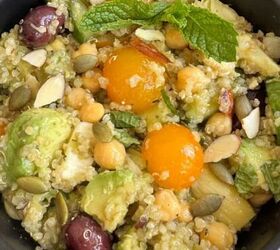 french onion chicken recipe gf, A bowl of zesty quinoa salad in a black bowl surrounded by tomatoes