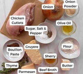 french onion chicken recipe gf, Ingredients include chicken onion onion powder olive oil sugar flour bouillon paste sherry beef broth butter parmesan gruyere cheese thyme salt and pepper