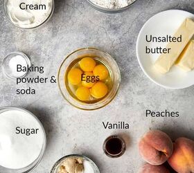 easy peach cobbler pound cake with brown butter glaze, looking down at the ingredients for the peach cobbler pound cake in separate bowls Whole peaches are in the lower right corner