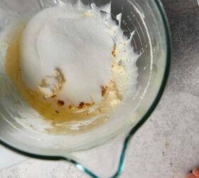easy peach cobbler pound cake with brown butter glaze, Looking down at the mixer bowl with creamed butter with sugar and vanilla added but not mixed yet