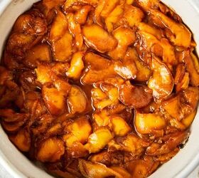 easy peach cobbler pound cake with brown butter glaze, Looking down at sliced peaches in the baking pan