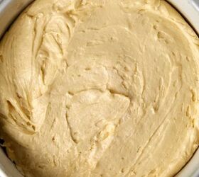 easy peach cobbler pound cake with brown butter glaze, Looking down at the peach cobbler cake batter in the baking pan