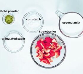 velvety strawberry matcha latte popsicles, ingredients for the velvety Strawberry Matcha Latte popsicles
