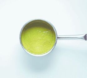 velvety strawberry matcha latte popsicles, Green matcha latte in a cooking pan