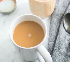 homemade pumpkin spice coffee creamer recipe, Homemade pumpkin spice coffee creamer in a white cup