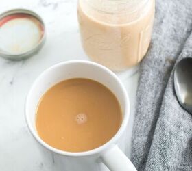 homemade pumpkin spice coffee creamer recipe, A cup of coffee filled with homemade pumpkin flavored creamer