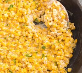 homemade pumpkin spice coffee creamer recipe, Honey Butter Skillet Corn cooked in a skillet ready to serve with a wooden spoon scooping it