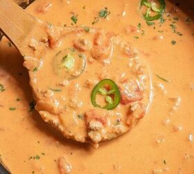 keto taco soup a flavorful and easy low carb meal, A wooden spoon lifts creamy queso dip from a pot showing chunks of tomato and slices of jalape o