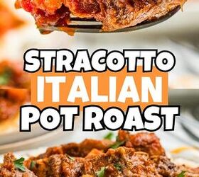 stracotto italian pot roast, Close up of stracotto an Italian pot roast simmered with tomato sauce and vegetables text overlay reads Stracotto Italian Pot Roast