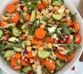 mediterranean greek shrimp with feta and tomatoes, Chickpea Orzo Salad in a white bowl with the dressing on the side