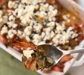 mediterranean greek shrimp with feta and tomatoes, Holding a spoonful of the shrimp dish
