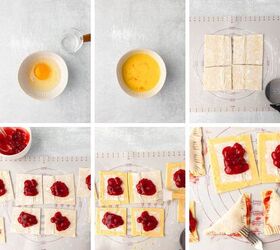 cherry turnovers, Six step process of making cherry turnovers Egg in a bowl beaten egg puff pastry sheets cut into squares cherry filling on pastry squares folding pastry over filling crimped edges with a fork