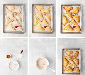 cherry turnovers, A sequence of images showing the process of making fruit turnovers Top row unbaked part baked and fully baked turnovers on a tray Bottom row ingredients mixed glaze in a bowl and glazed turnovers on a tray