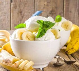 banana ice cream recipe no churn ice cream with bananas, Two Bowls of Banana Ice Cream with garnish of fresh bananas and mint