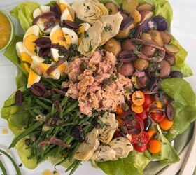 nicoise tuna salad recipe with a dijon dressing, Tuna nicoise salad on a white platter