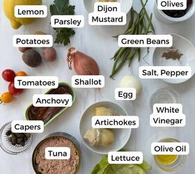 nicoise tuna salad recipe with a dijon dressing, Ingredients include lemon parsley Dijon mustard olives green beans tomatoes potatoes shallot egg anchovy capers tuna artichokes lettuce olive oil white wine salt and pepper