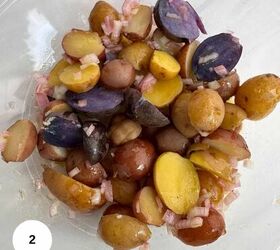 nicoise tuna salad recipe with a dijon dressing, Cooked potatoes with the dressing mixed in