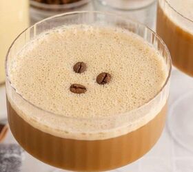 eggnog espresso martini, Eggnog Espresso Martini in a Coupe Glass with Coffee Beans