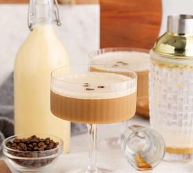 eggnog espresso martini, Eggnog Espresso Martini in a Coupe Glass with Coffee Beans